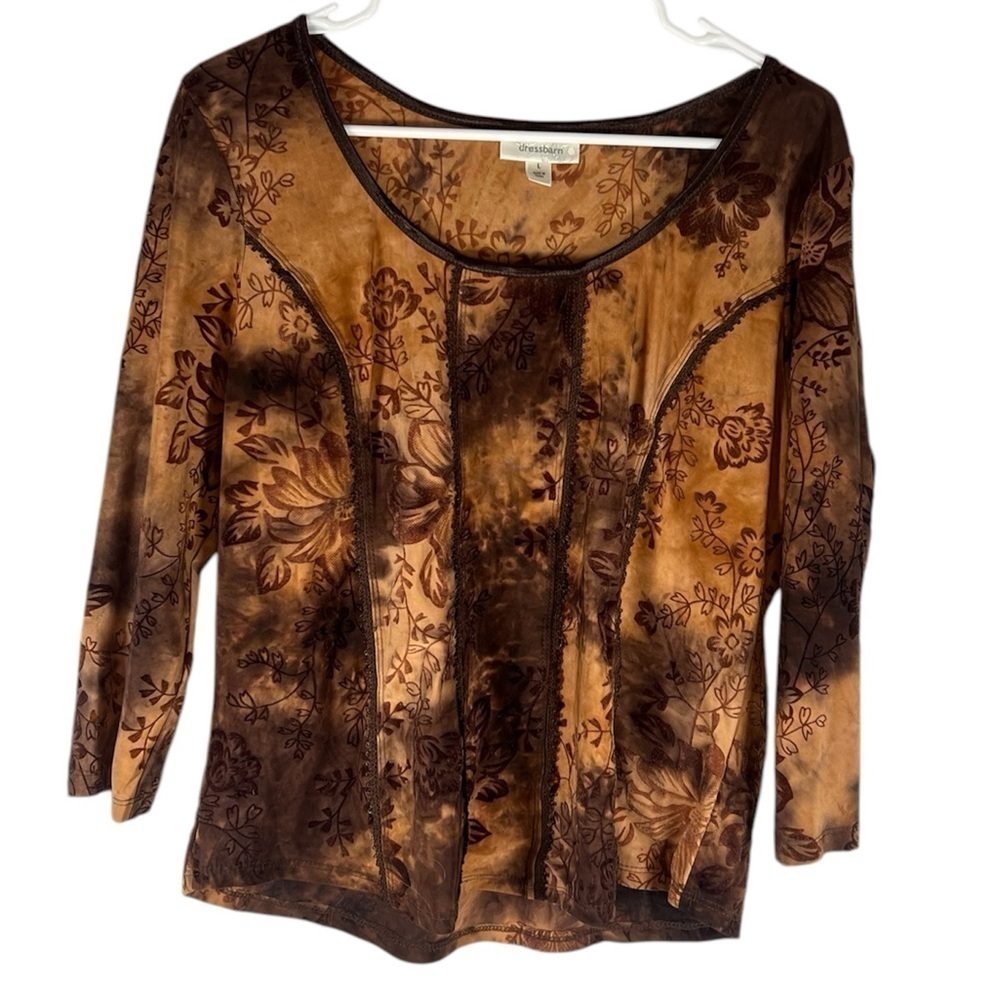 Dressbarn Y2K Tie Dye Brown Velvet Floral Blouse Large